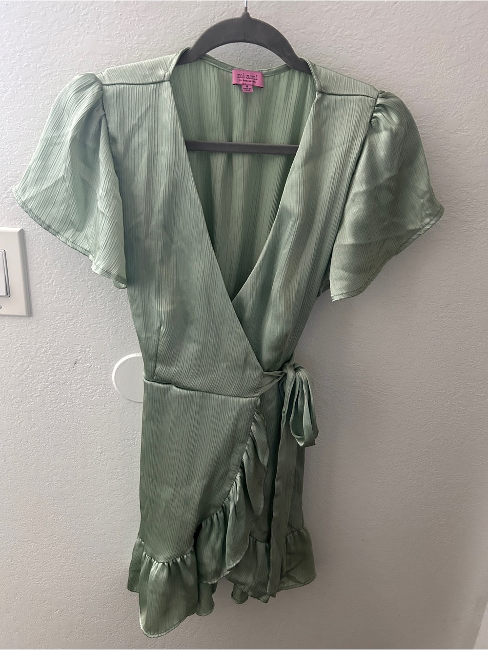 miami Light Sage Green Wrap Dress with Ruffle Trim